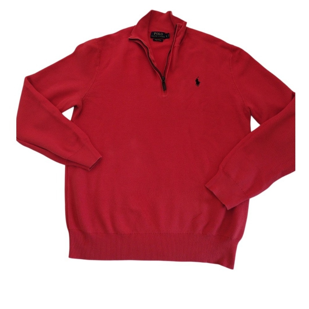 Polo Ralph Lauren Sweater Man L Light Red 1/4 Zip Waffle Knit 100% Pima Cotton